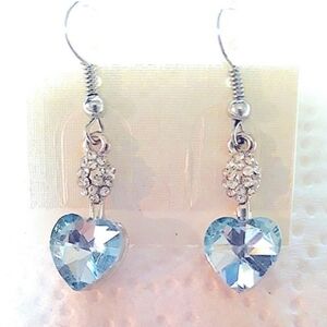 ELEGANT Heart Dangle Earrings Silver Lt Blue CZ Crystal NEW Stainless earwires